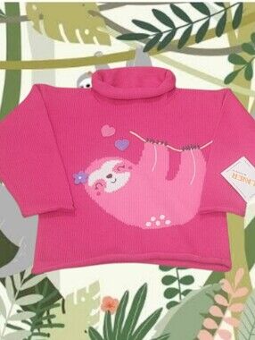 Claver Girl's Rollneck Hot Pink "Sloth" Graphic Knit Sweater